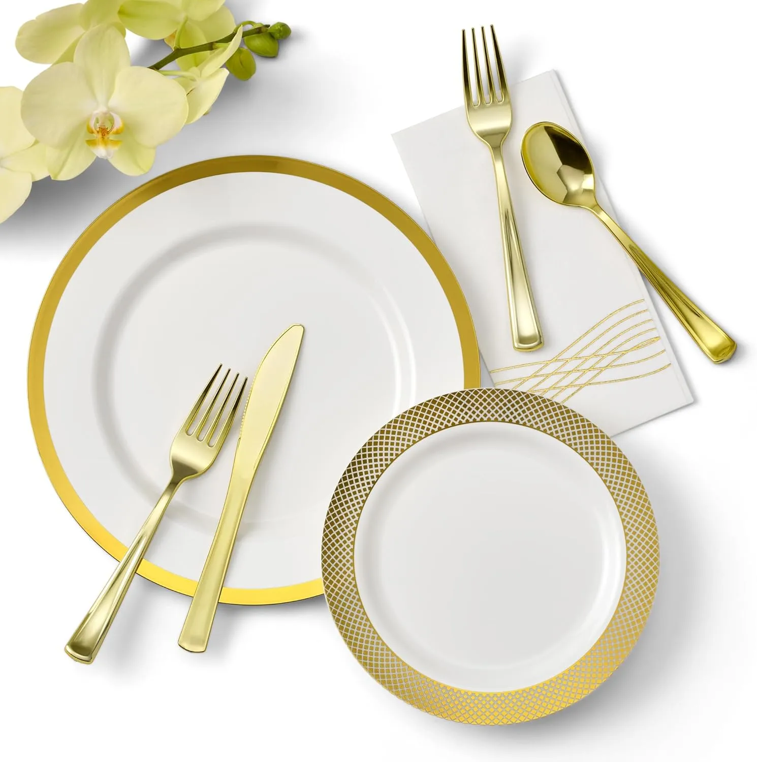 By Madee EXTRA HEAVYWEIGHT 175 Pc White and Gold Disposable Plates and Utensils Set with Linen Like Napkins – Fancy Plastic Dinnerware Sets for Wedding, Bridal Showers, Special Occasion (25 Guests)