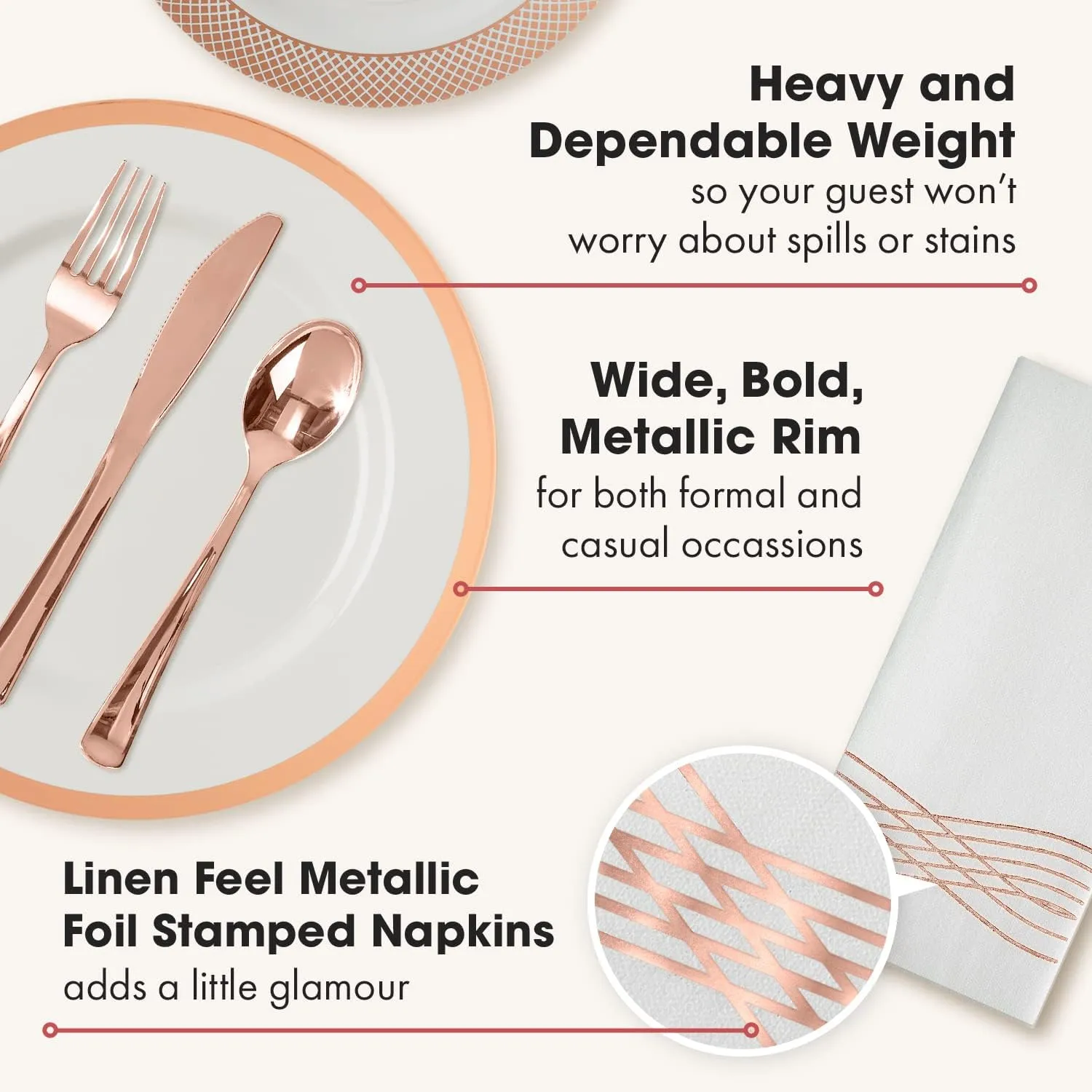By Madee PREMIUM Elegant Plastic Dinnerware Set - 175 Pc Rose Gold Party Plates and Utensils Set with Luxury Napkins - Perfect for Weddings, Bridal & Baby Shower (25 Guests)
