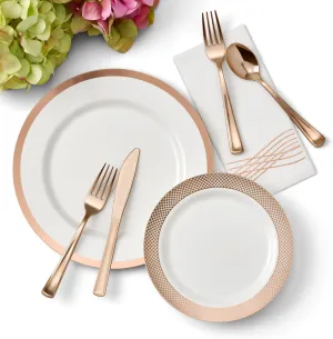 By Madee PREMIUM Elegant Plastic Dinnerware Set - 175 Pc Rose Gold Party Plates and Utensils Set with Luxury Napkins - Perfect for Weddings, Bridal & Baby Shower (25 Guests)