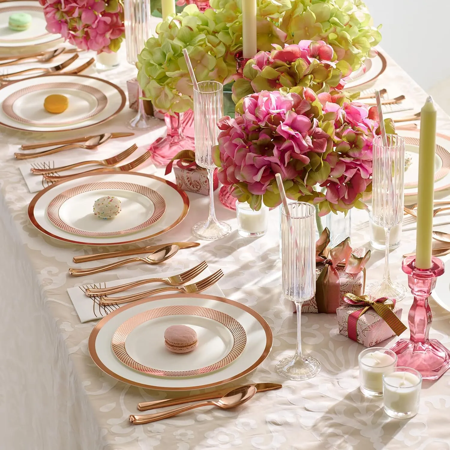 By Madee PREMIUM Elegant Plastic Dinnerware Set - 175 Pc Rose Gold Party Plates and Utensils Set with Luxury Napkins - Perfect for Weddings, Bridal & Baby Shower (25 Guests)