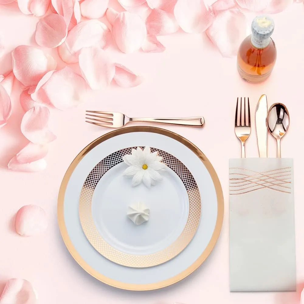 By Madee PREMIUM Elegant Plastic Dinnerware Set - 175 Pc Rose Gold Party Plates and Utensils Set with Luxury Napkins - Perfect for Weddings, Bridal & Baby Shower (25 Guests)