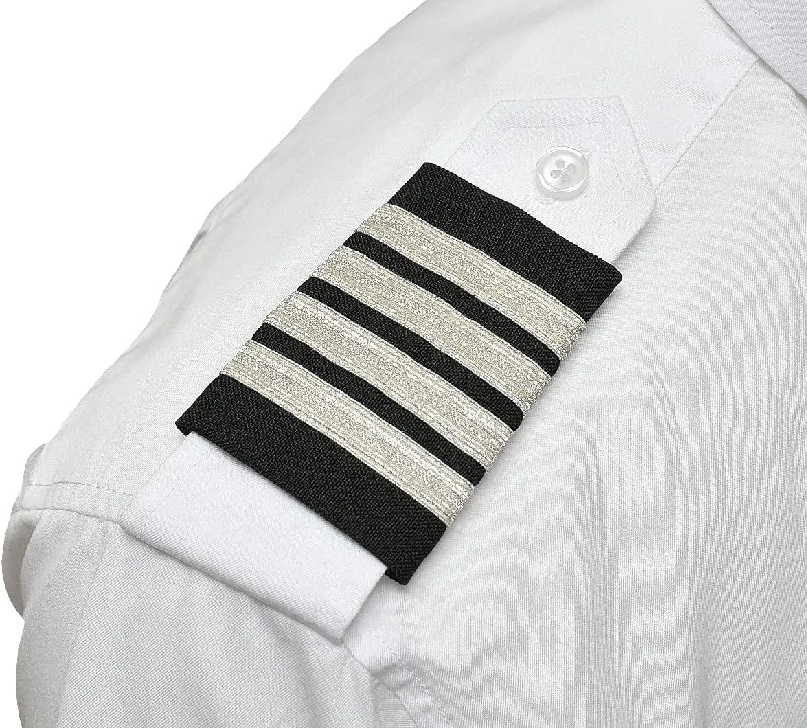 Captain's Pilot Epaulets - Four Bars Silver Metallic on Navy with VELCRO® Brand fastener