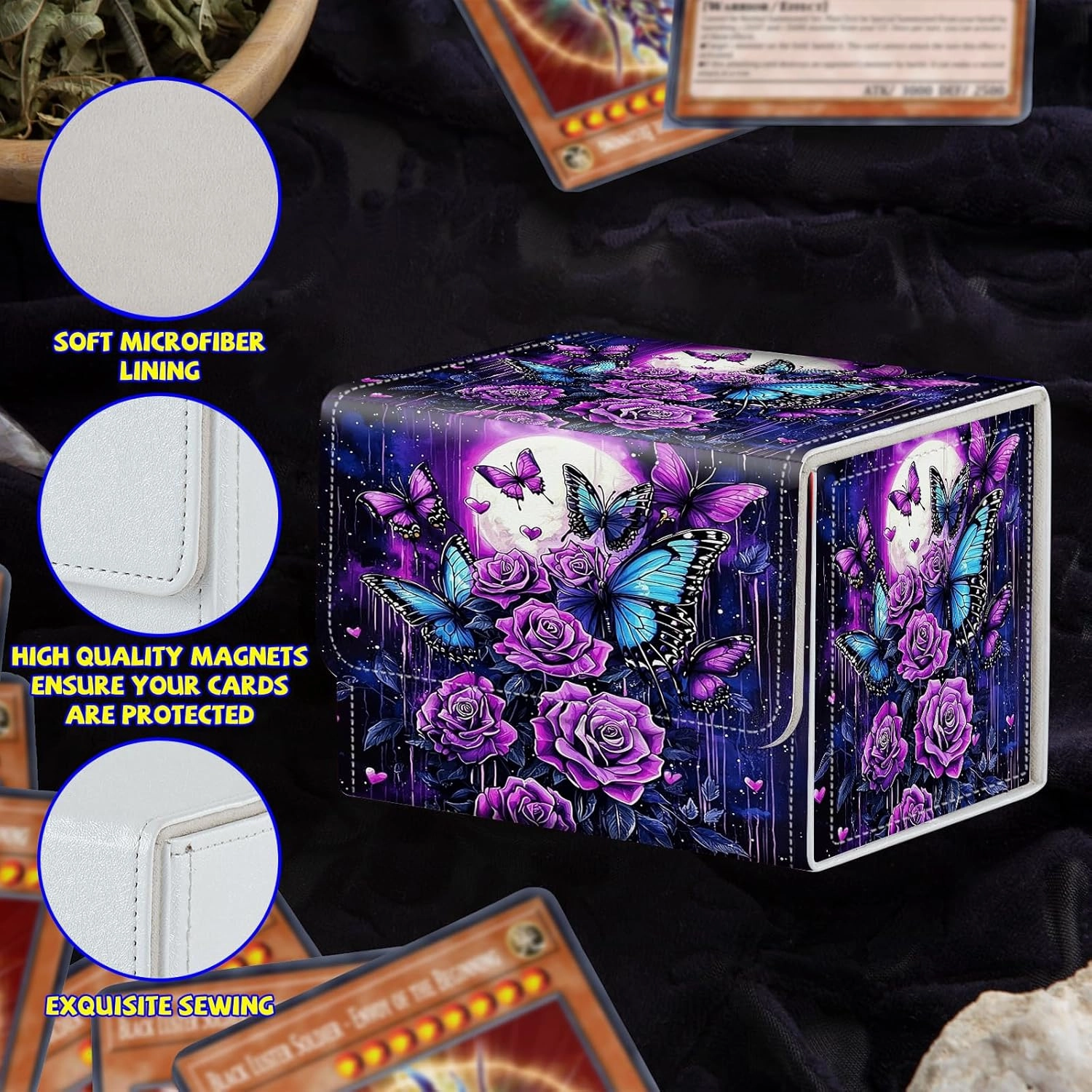 Card Deck Box Plus 100 Counts Black Card Sleeves, Purple Rose Butterfly Moon for Collectible MTG TCG CCG Card Storage Box Horizontal Holds 100  Single Sleeved Cards, Magic Game Cards Organizer