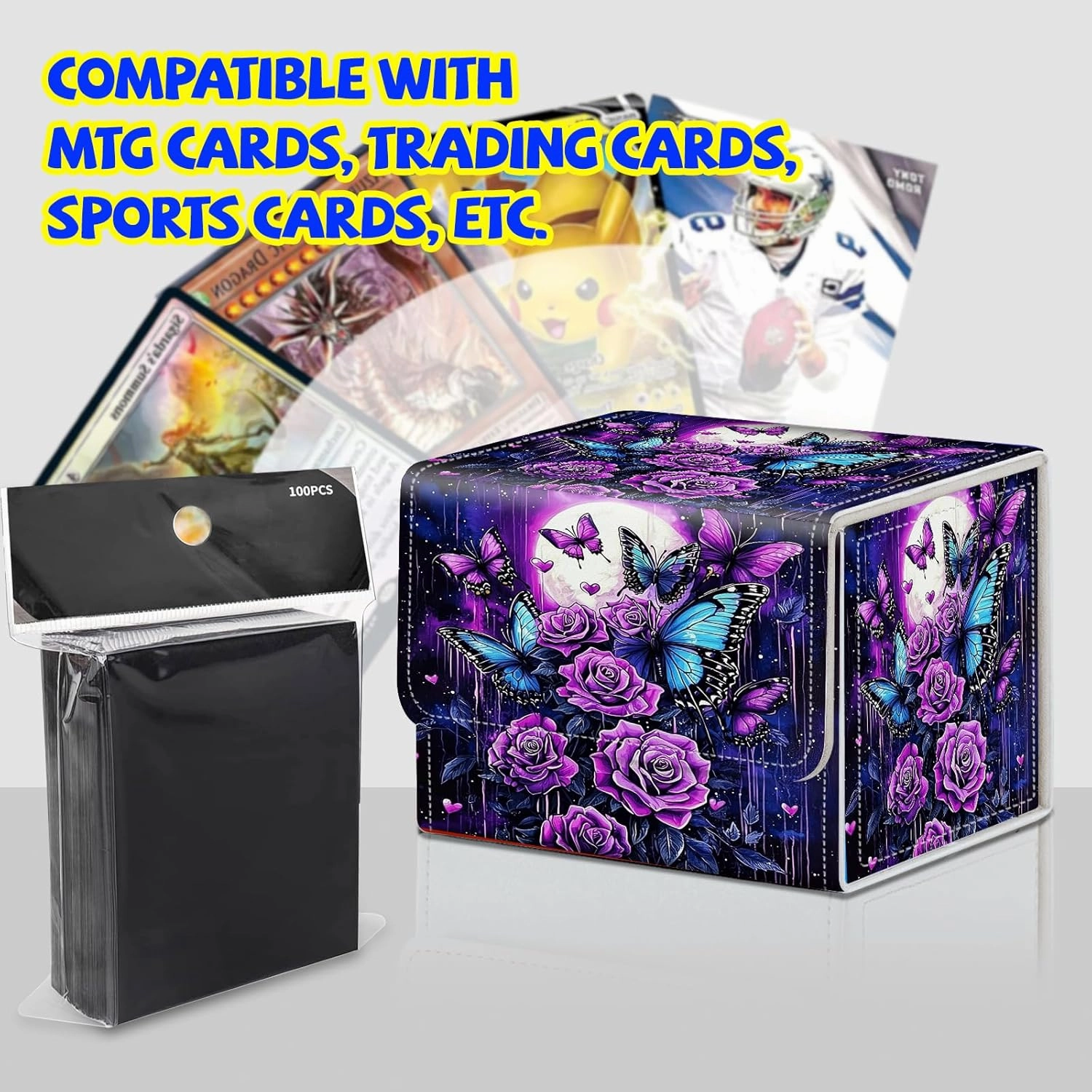 Card Deck Box Plus 100 Counts Black Card Sleeves, Purple Rose Butterfly Moon for Collectible MTG TCG CCG Card Storage Box Horizontal Holds 100  Single Sleeved Cards, Magic Game Cards Organizer