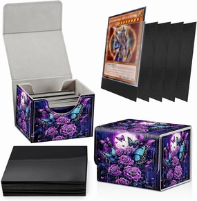 Card Deck Box Plus 100 Counts Black Card Sleeves, Purple Rose Butterfly Moon for Collectible MTG TCG CCG Card Storage Box Horizontal Holds 100  Single Sleeved Cards, Magic Game Cards Organizer