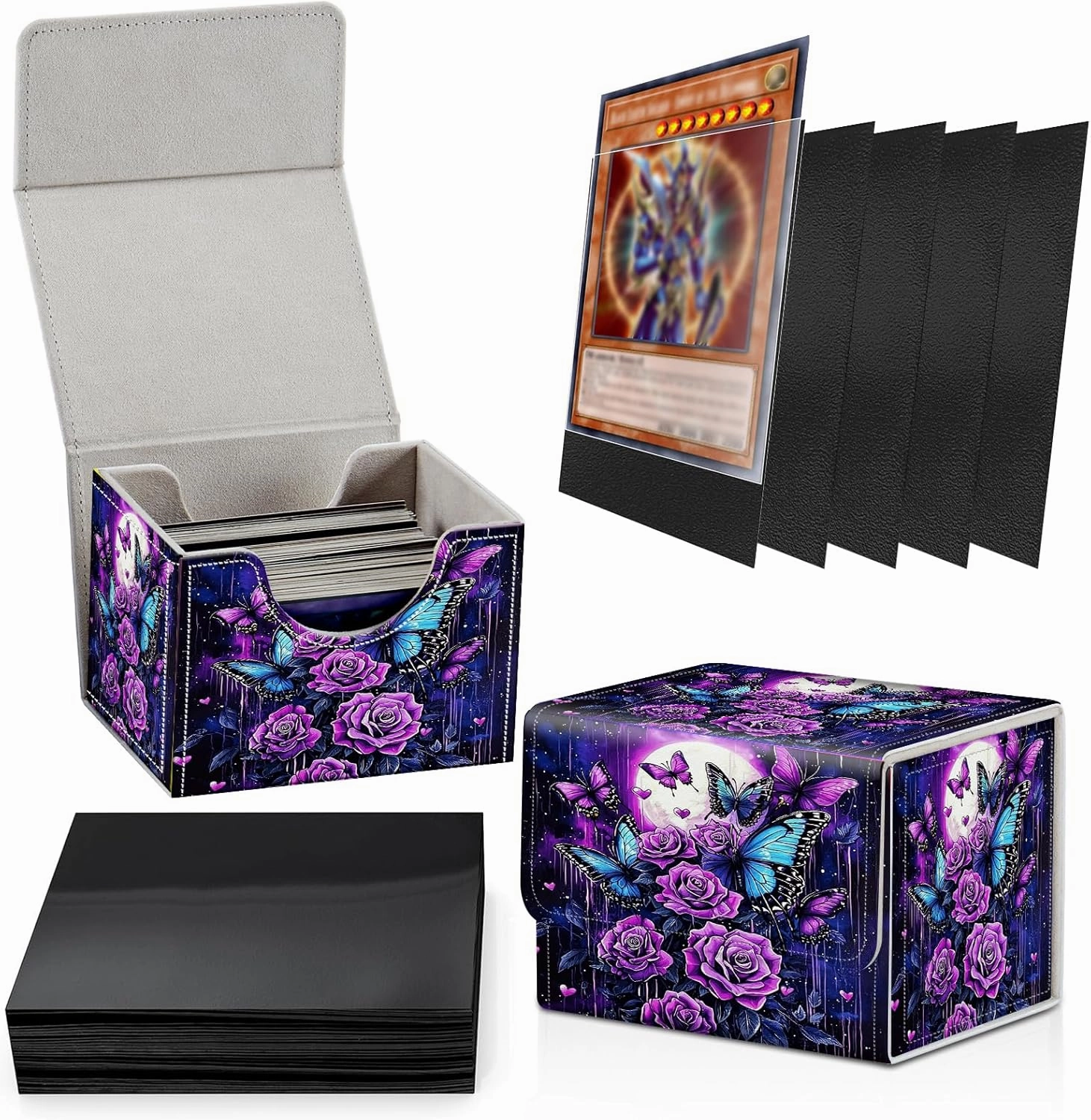 Card Deck Box Plus 100 Counts Black Card Sleeves, Purple Rose Butterfly Moon for Collectible MTG TCG CCG Card Storage Box Horizontal Holds 100  Single Sleeved Cards, Magic Game Cards Organizer