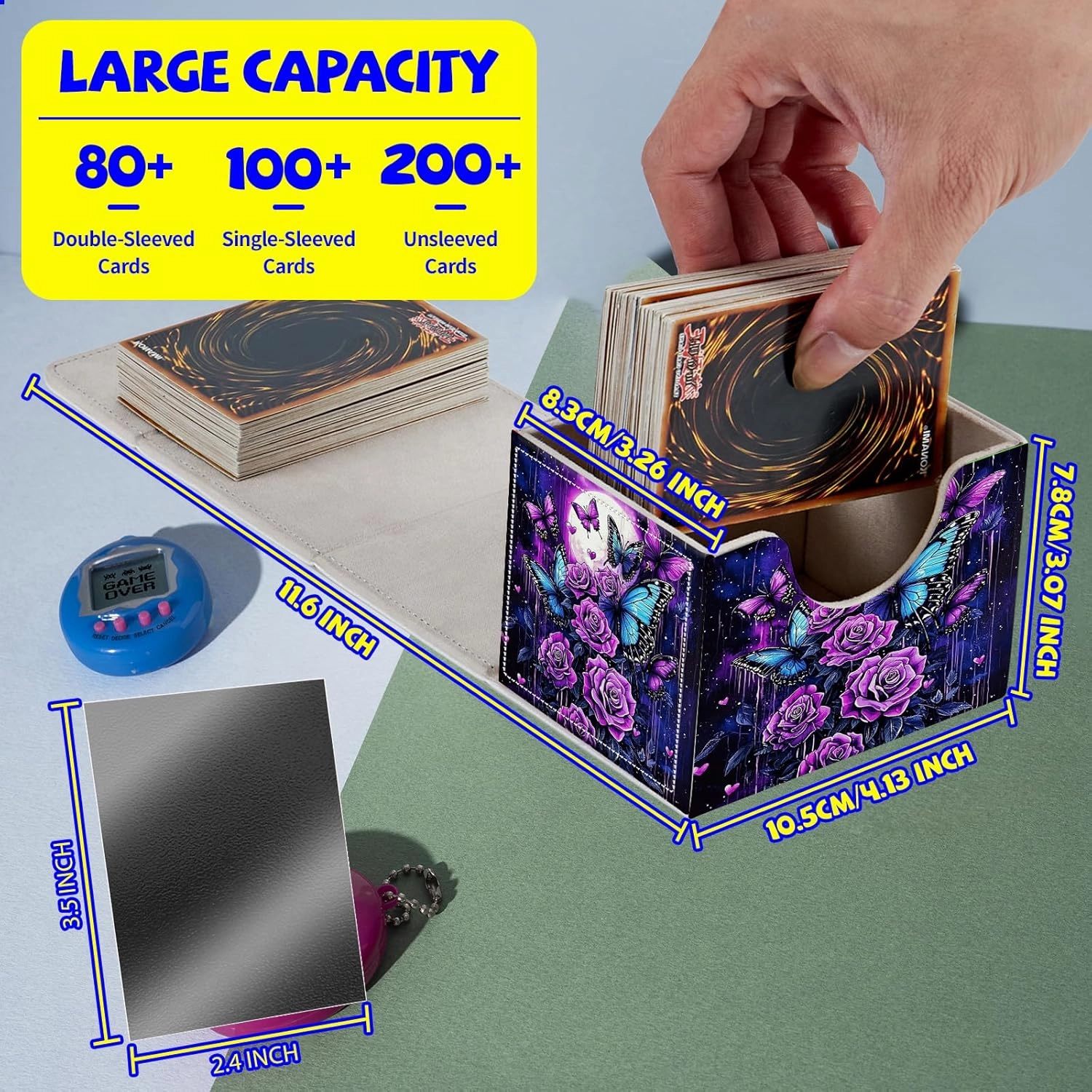 Card Deck Box Plus 100 Counts Black Card Sleeves, Purple Rose Butterfly Moon for Collectible MTG TCG CCG Card Storage Box Horizontal Holds 100  Single Sleeved Cards, Magic Game Cards Organizer