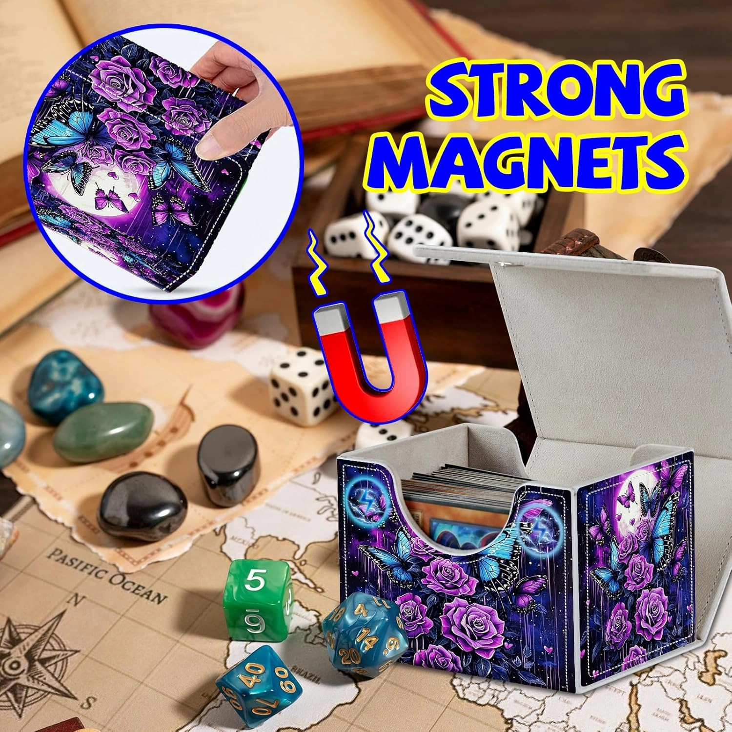 Card Deck Box Plus 100 Counts Black Card Sleeves, Purple Rose Butterfly Moon for Collectible MTG TCG CCG Card Storage Box Horizontal Holds 100  Single Sleeved Cards, Magic Game Cards Organizer