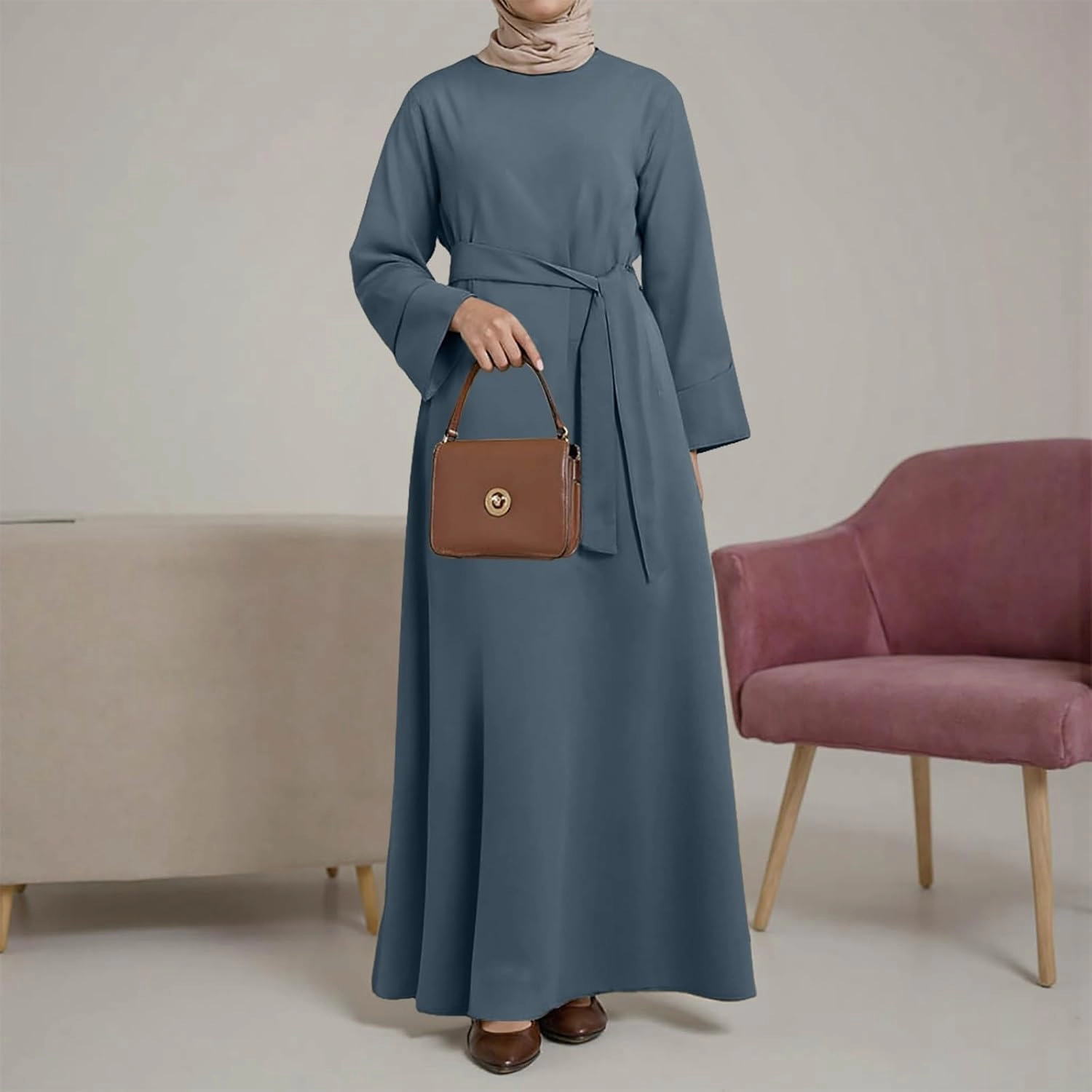 Casual Muslim Dresses for Women One Piece Long Sleeve Abayas Islamic Prayer Robes Everyday Wear Islamic Long Dress