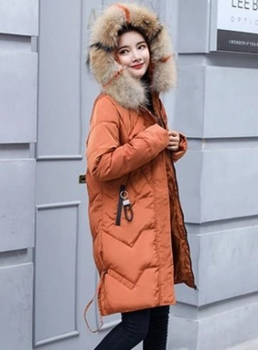 Casual Puffer Jacket for Women with Faux Fur Hood in Caramel Brown