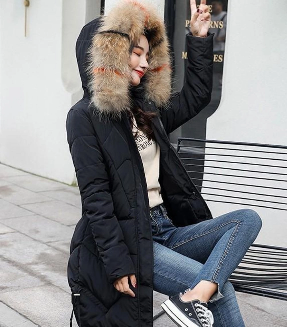 Casual Puffer Jacket for Women with Faux Fur Hood in Caramel Brown