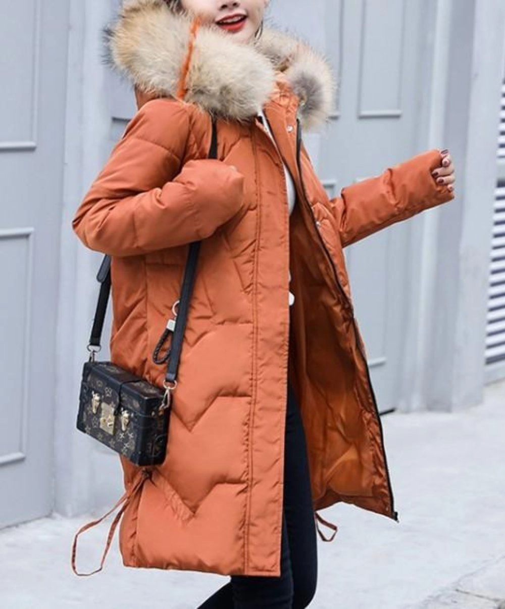 Casual Puffer Jacket for Women with Faux Fur Hood in Caramel Brown