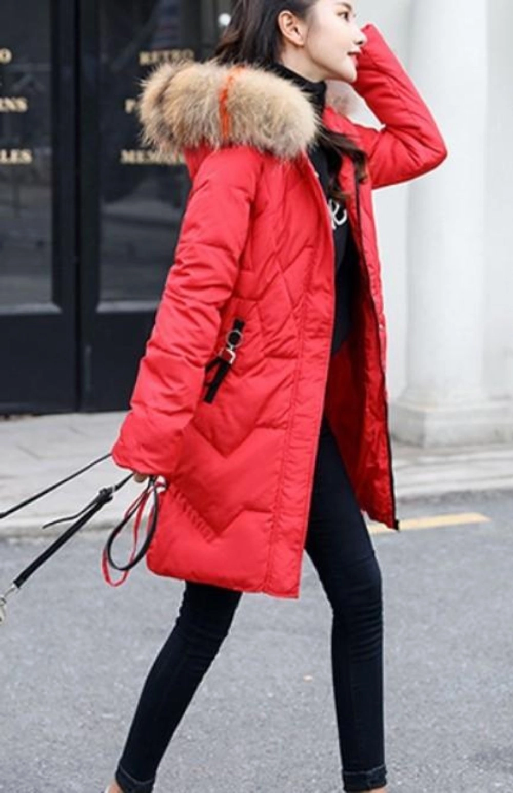 Casual Puffer Jacket for Women with Faux Fur Hood in Caramel Brown