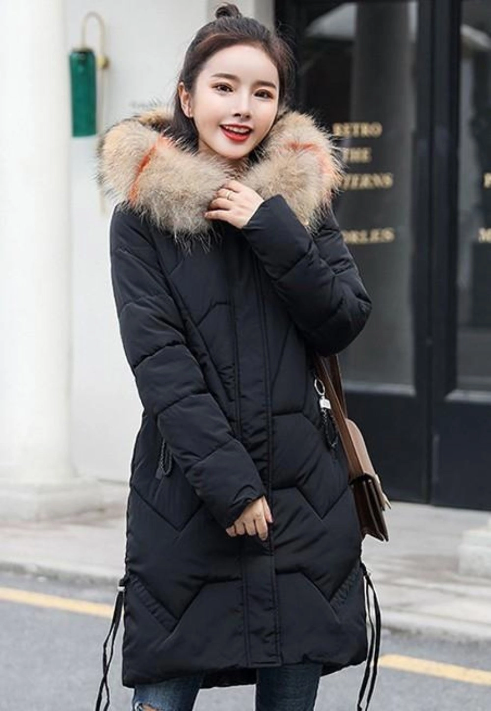 Casual Puffer Jacket for Women with Faux Fur Hood in Caramel Brown