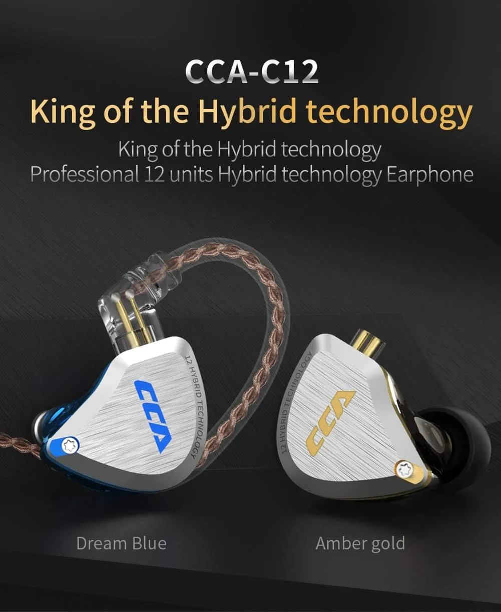CCA C12 in-Ear Monitors, 5BA 1DD Hybrid HiFi Stereo Noise Isolating IEM Wired Earphones/Earbuds/Headphones with Detachable Tangle-Free Cable 2Pin for Musician Audiophile (Without MIC, Dream Blue)