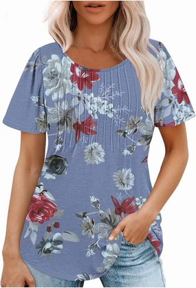 Ceboyel Womens Boho Summer Tops 2024 Pleated Scoop Neck T Shirts Loose Fit Floral Blouse Dressy Casual Ladies Trendy Clothing