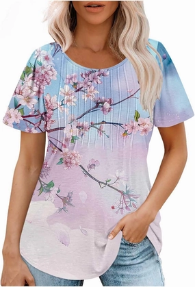Ceboyel Womens Boho Summer Tops 2024 Pleated Scoop Neck T Shirts Loose Fit Floral Blouse Dressy Casual Ladies Trendy Clothing