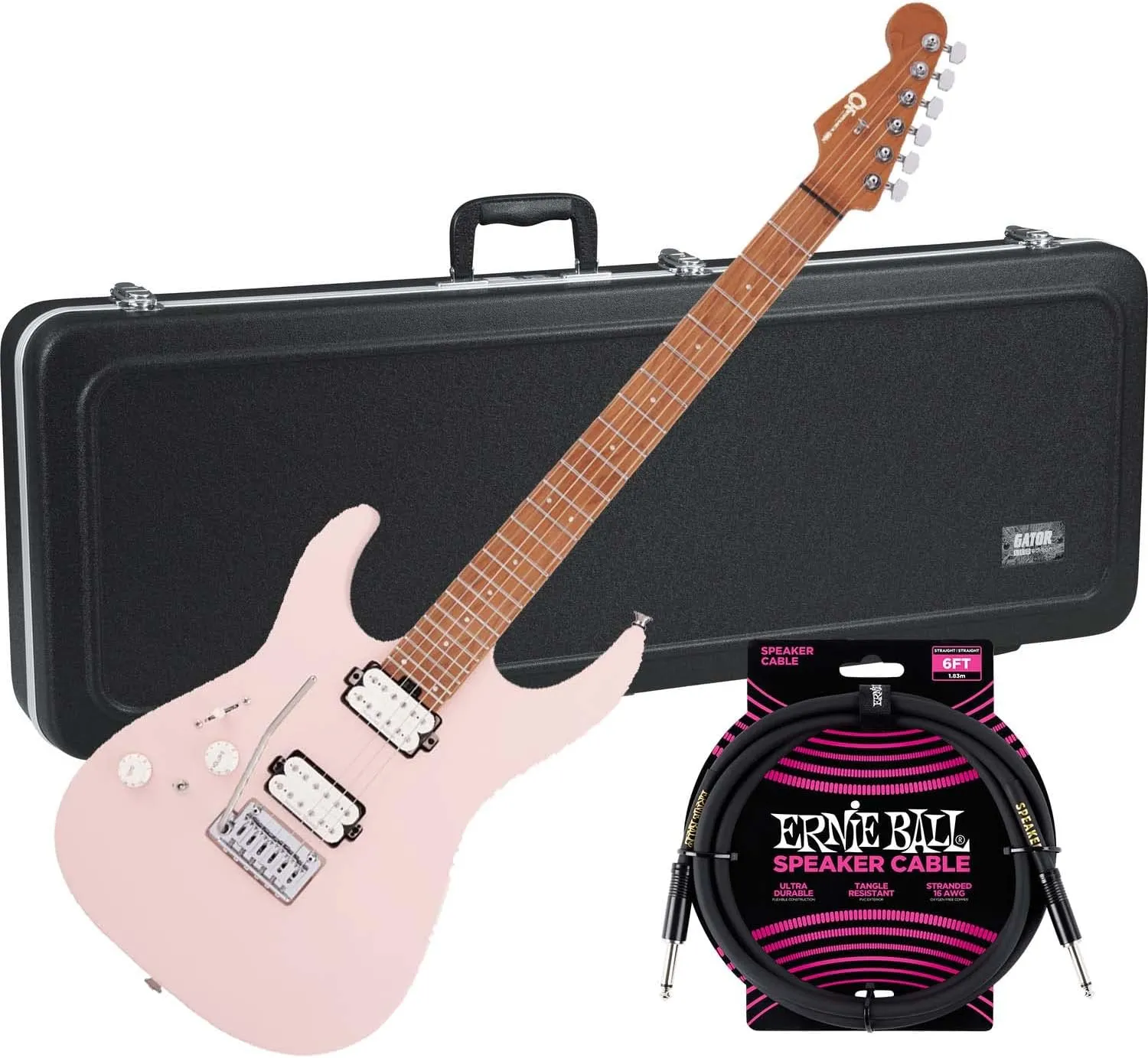 Charvel Pro-Mod DK24 HH 2PT cm LH (Satin Shell Pink), Gator GC-Electric-A Case, EBall Cable Bundle