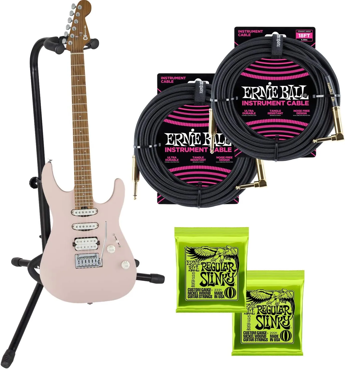 Charvel Pro-Mod DK24 HSS 2pt cm – Satin Shell Pink, (2) EBall 2221 Strings, Gator GTR-1000 Stand, (2) EBall 10FT Cables Bundle