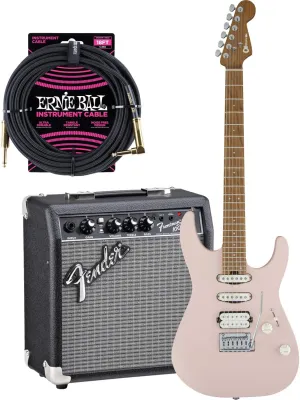 Charvel Pro-Mod DK24 HSS 2pt cm – Satin Shell Pink, Fender Frontman 10G Guitar Amp, Ernie Ball 10FT Cable Bundle