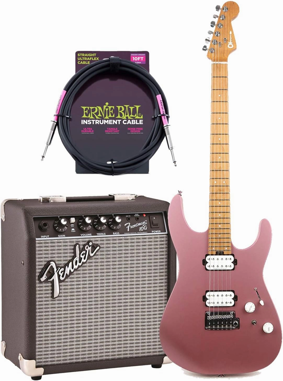 Charvel Pro-Mod DK24 Satin Burgundy Mist – Satin Shell Pink, Fender Frontman 10G Guitar Amp, EBall 10FT Cable Bundle