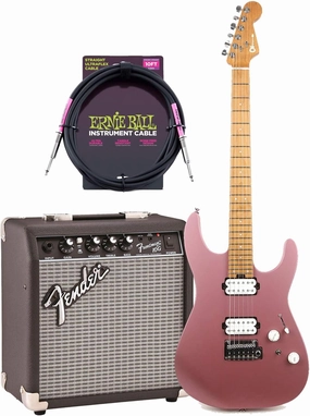 Charvel Pro-Mod DK24 Satin Burgundy Mist – Satin Shell Pink, Fender Frontman 10G Guitar Amp, EBall 10FT Cable Bundle