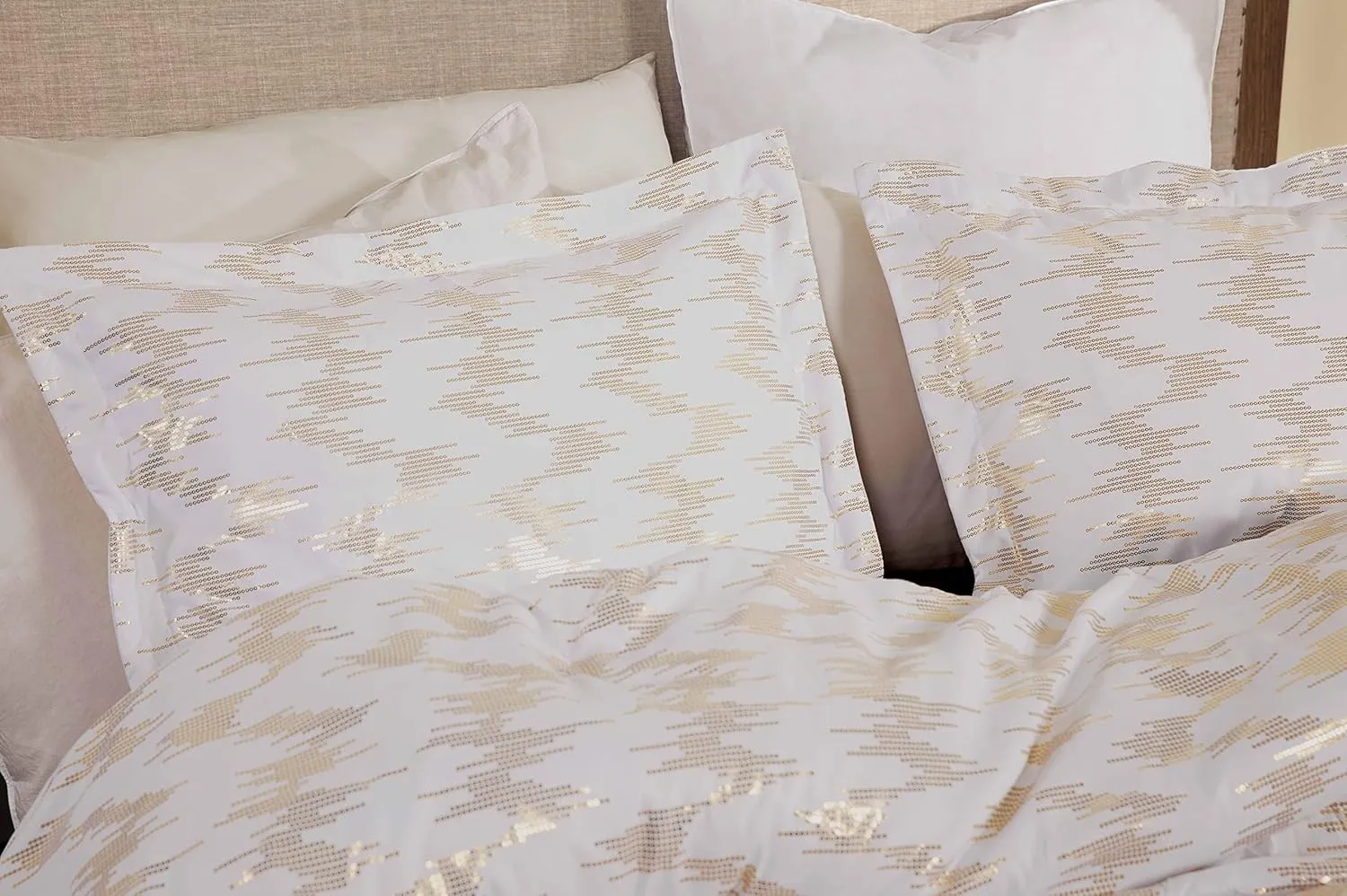 Chezmoi Collection Samantha 3-Piece Sound Wave Vector Circles Foil Metallic Printed Comforter Set (Queen, White/Gold)
