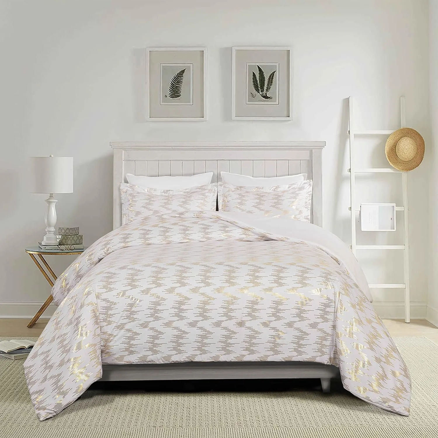 Chezmoi Collection Samantha 3-Piece Sound Wave Vector Circles Foil Metallic Printed Comforter Set (Queen, White/Gold)