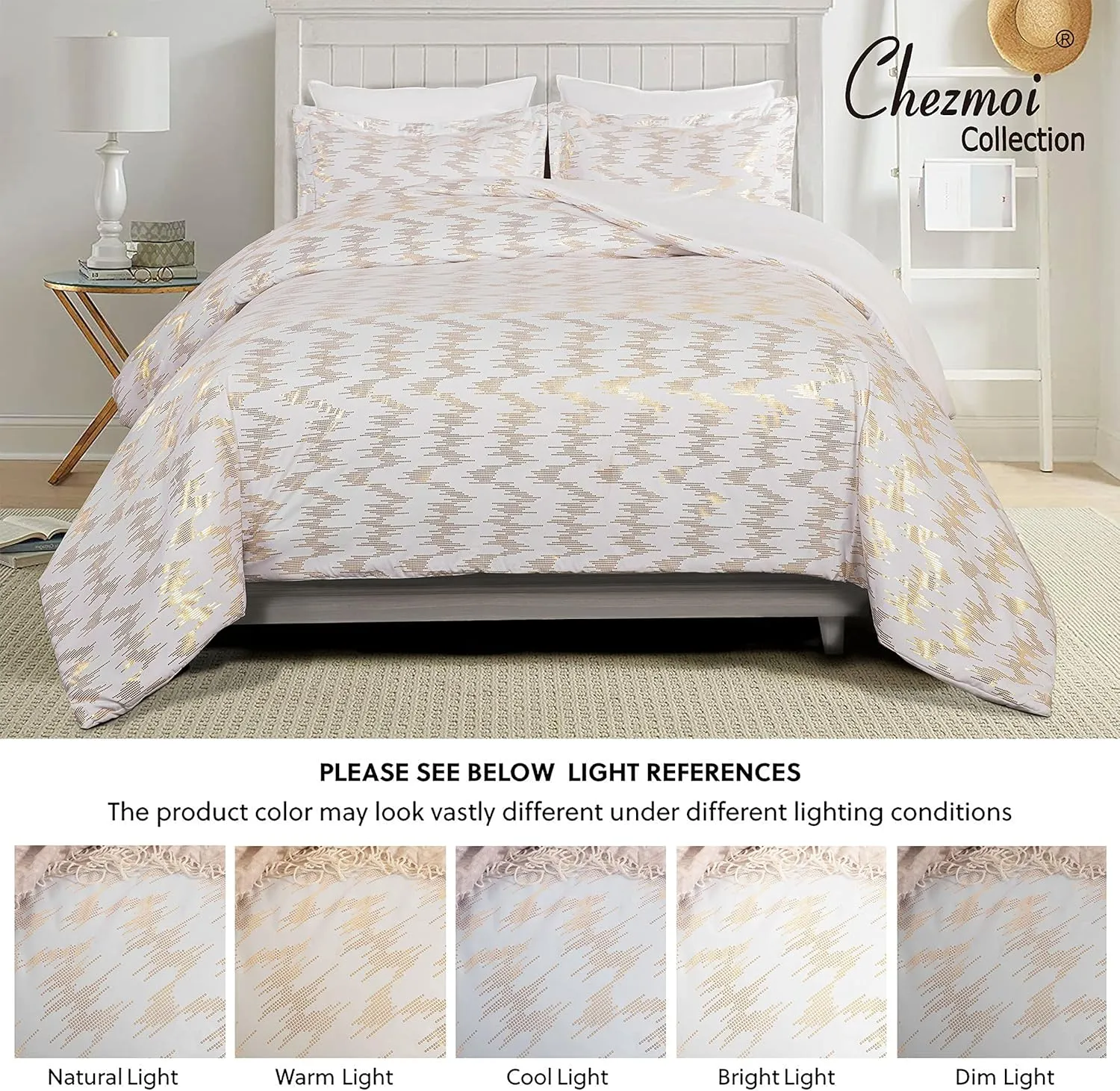 Chezmoi Collection Samantha 3-Piece Sound Wave Vector Circles Foil Metallic Printed Comforter Set (Queen, White/Gold)