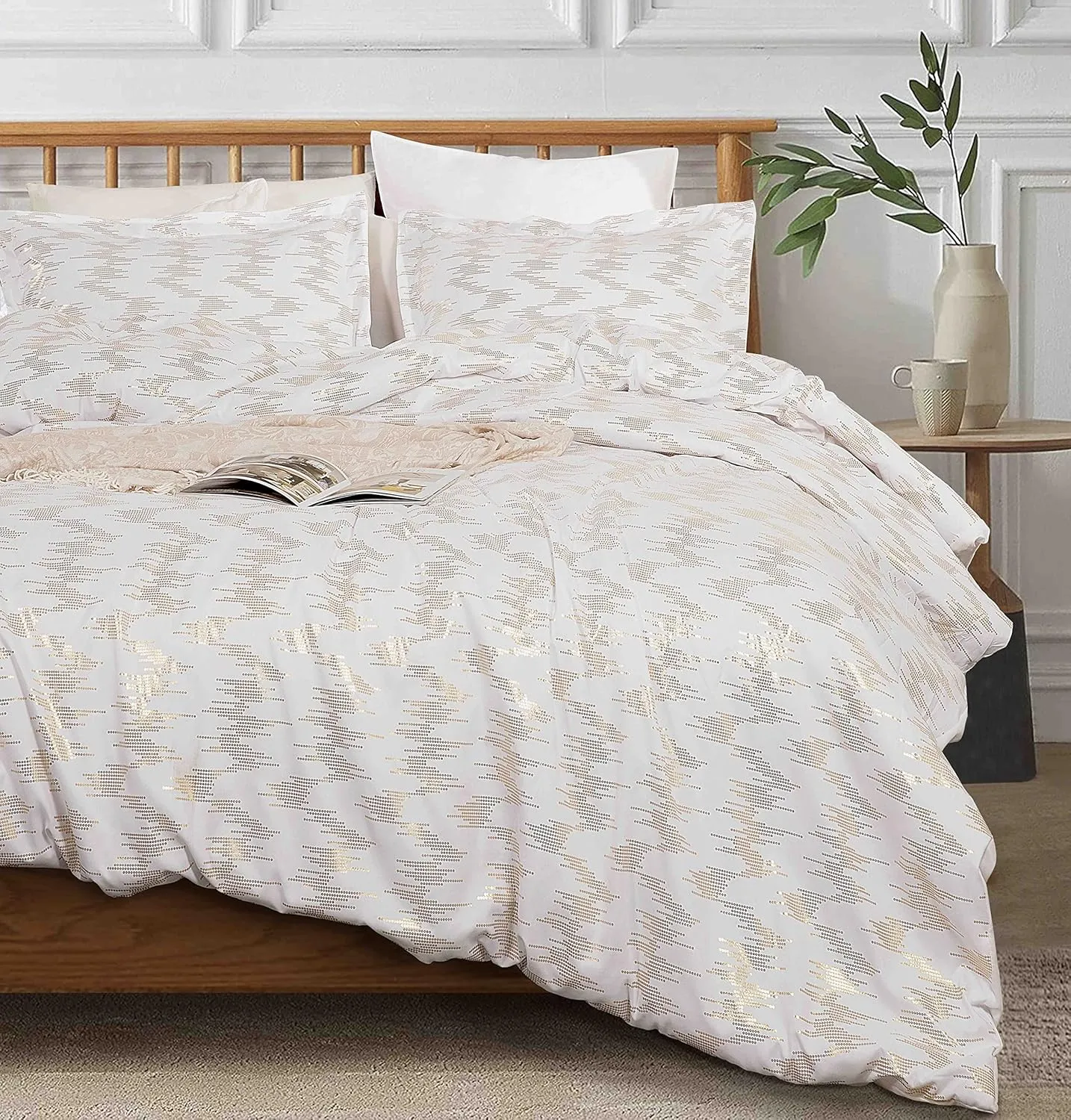 Chezmoi Collection Samantha 3-Piece Sound Wave Vector Circles Foil Metallic Printed Comforter Set (Queen, White/Gold)