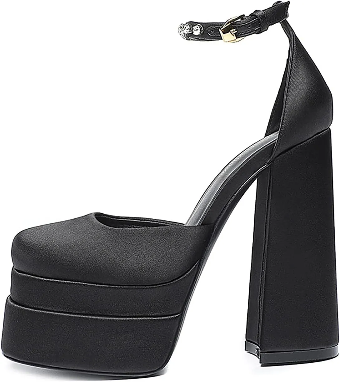 Chunky Block Heels for Women Square Toe Ankle Strap Buckle Rhinestones Wedge Silk Satin High Platform Heels Dress Pumps Shoes,Black,42 EU/9 US