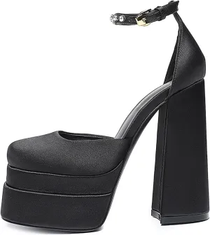 Chunky Block Heels for Women Square Toe Ankle Strap Buckle Rhinestones Wedge Silk Satin High Platform Heels Dress Pumps Shoes,Black,42 EU/9 US