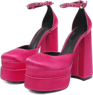 Chunky Block Heels for Women Square Toe Ankle Strap Buckle Rhinestones Wedge Silk Satin High Platform Heels Dress Pumps Shoes,Pink,40 EU/8 US