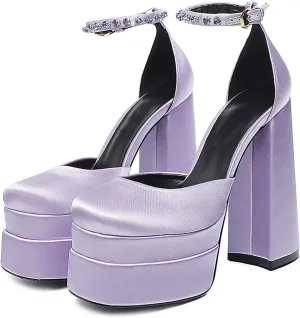 Chunky Block Heels for Women Square Toe Ankle Strap Buckle Rhinestones Wedge Silk Satin High Platform Heels Dress Pumps Shoes,Purple,38 EU/7 US