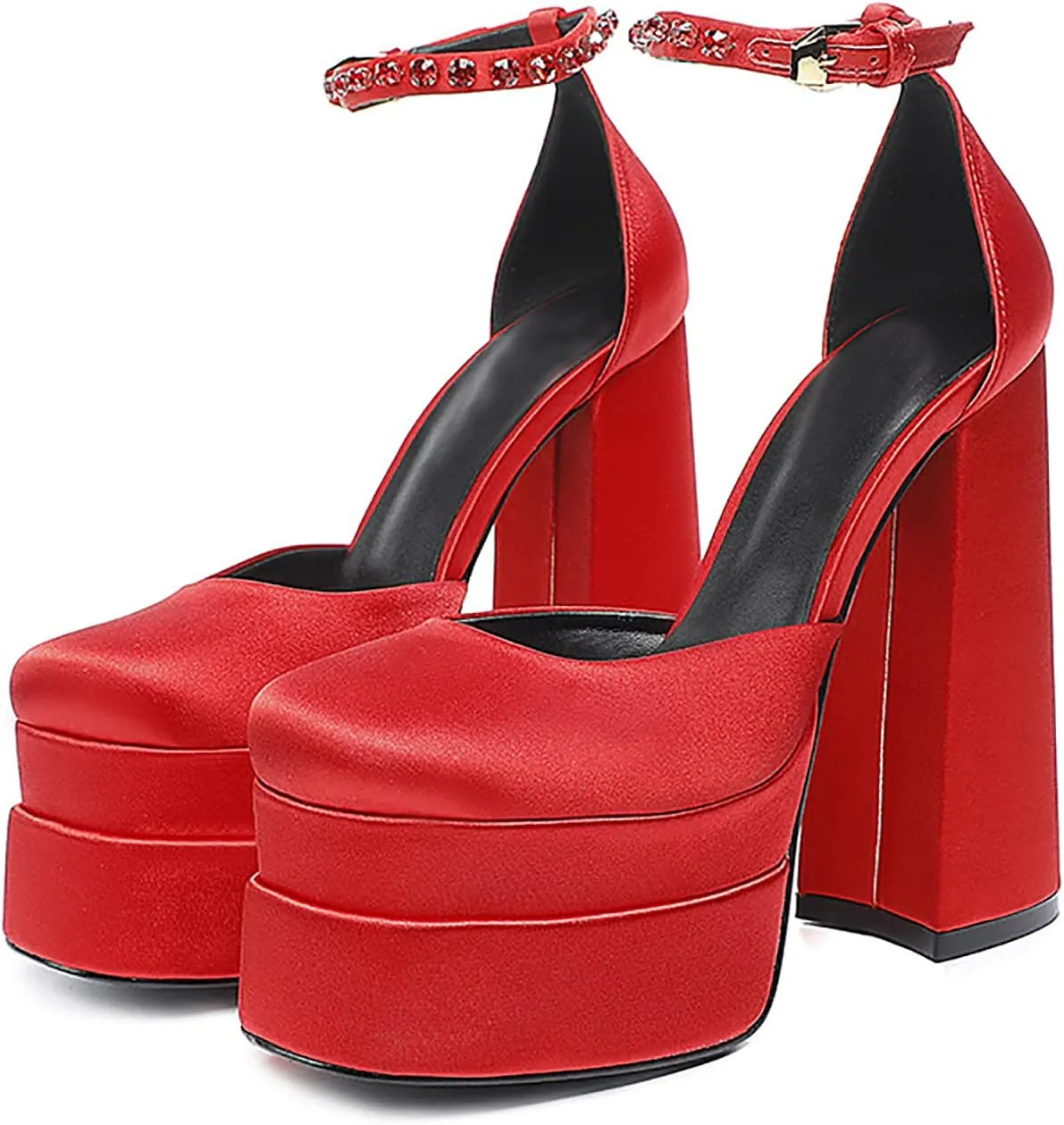 Chunky Block Heels for Women Square Toe Ankle Strap Buckle Rhinestones Wedge Silk Satin High Platform Heels Dress Pumps Shoes,Red,35 EU/5.5 US