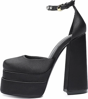 Chunky Block Heels for Women Square Toe Ankle Strap Buckle Rhinestones Wedge Silk Satin High Platform Heels Dress Pumps Shoes,Black,37 EU/6.5 US