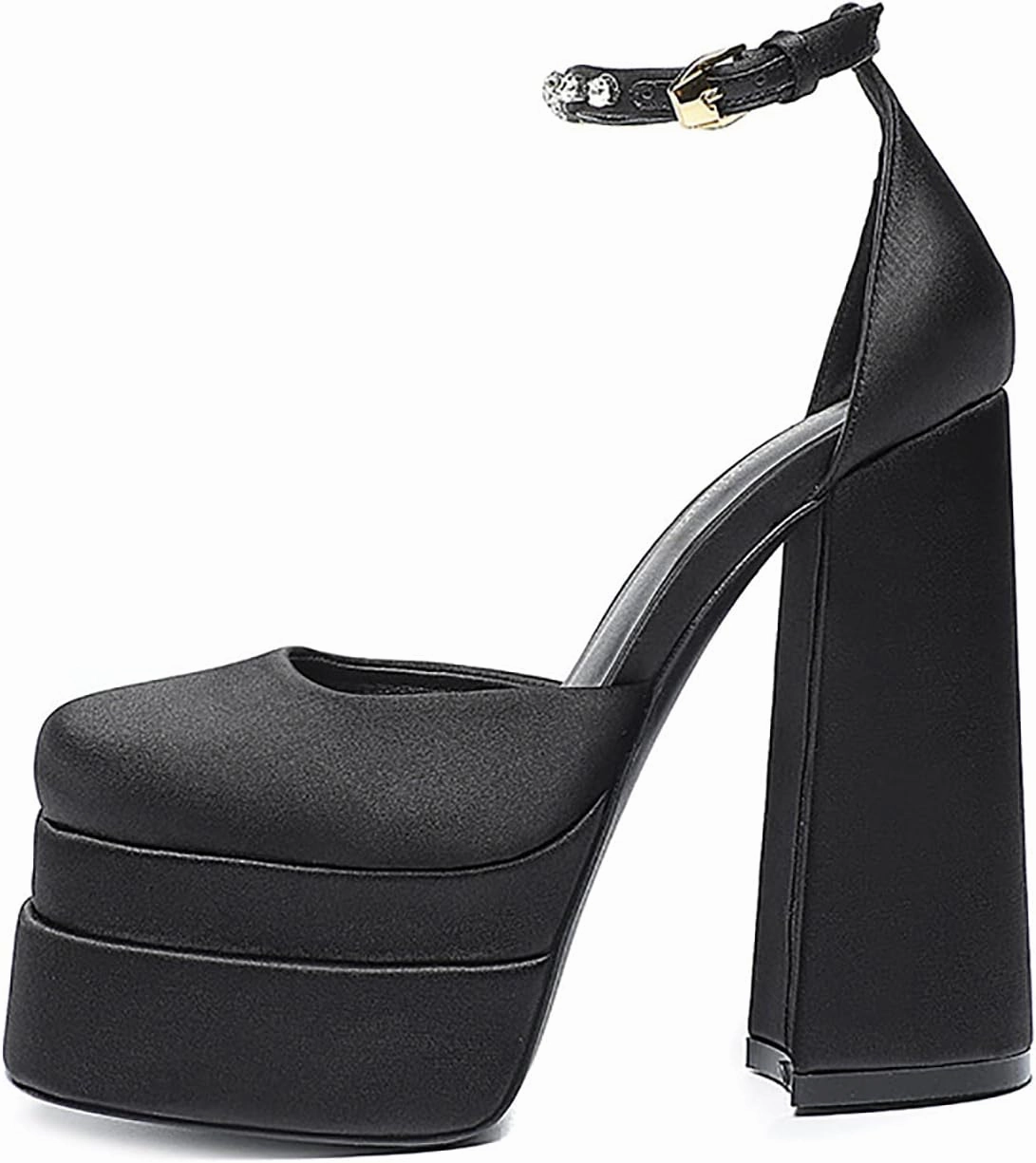 Chunky Block Heels for Women Square Toe Ankle Strap Buckle Rhinestones Wedge Silk Satin High Platform Heels Dress Pumps Shoes,Black,37 EU/6.5 US
