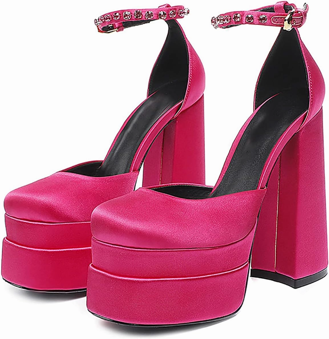 Chunky Block Heels for Women Square Toe Ankle Strap Buckle Rhinestones Wedge Silk Satin High Platform Heels Dress Pumps Shoes,Pink,41 EU/8.5 US
