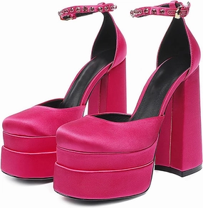 Chunky Block Heels for Women Square Toe Ankle Strap Buckle Rhinestones Wedge Silk Satin High Platform Heels Dress Pumps Shoes,Pink,41 EU/8.5 US