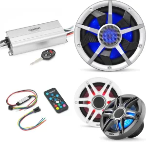 Clarion Marine 4 Channel Amp & Premium 6.5" w/ 10" Silver Grill Boat Audio Upgrade Bundle (Includes LED Remote)