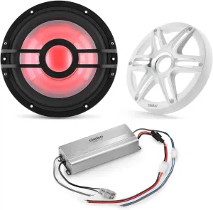 Clarion Marine Bass Bundle - CMSP-101RGB-2 10" RGB LED subwoofer Includes White Grill, Clarion Marine XC2110 Amplifier