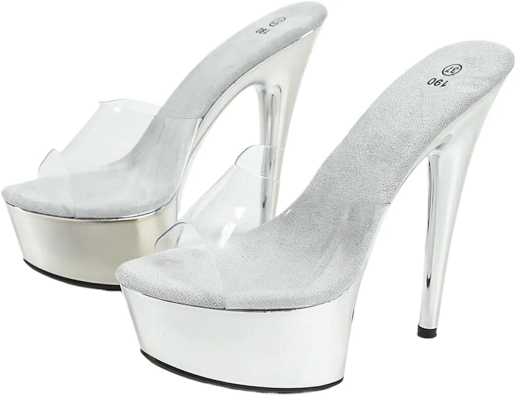 Clear Platform Stiletto Mules, 5.9 Inch Heels, Silver Chrome Base, Transparent Upper