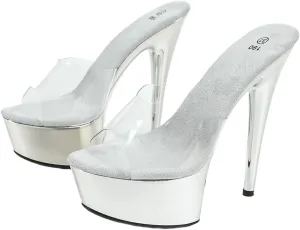 Clear Platform Stiletto Mules, 5.9 Inch Heels, Silver Chrome Base, Transparent Upper