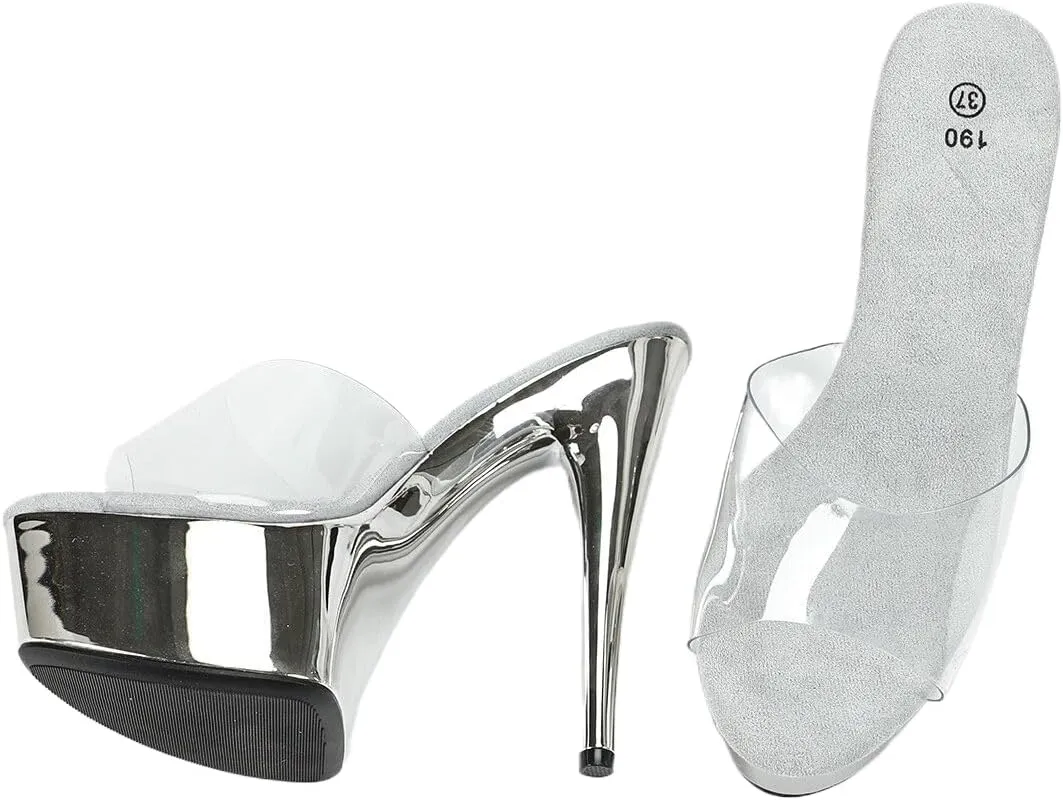 Clear Platform Stiletto Mules, 5.9 Inch Heels, Silver Chrome Base, Transparent Upper