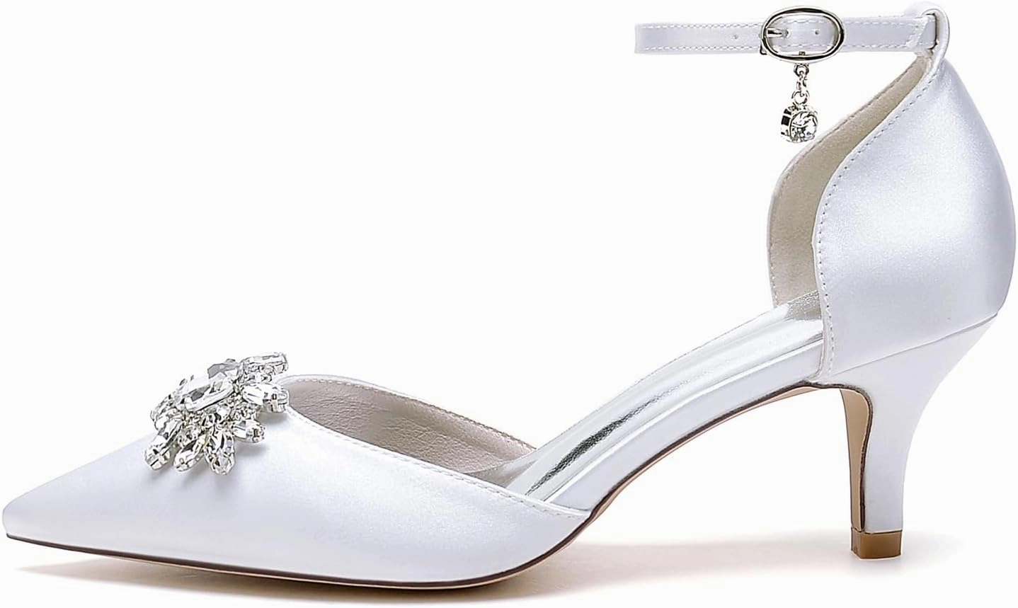 Closed Toe Satin Kitten Heels Wedding Shoes for Bride Low Heels Ankle Strap Bridal Shoes Rhinestones Shoes Pumps