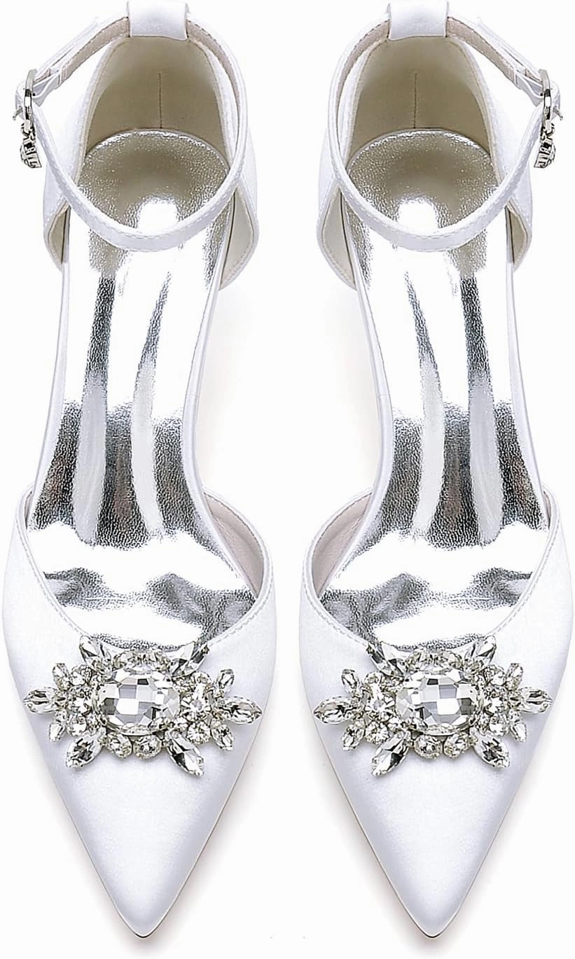 Closed Toe Satin Kitten Heels Wedding Shoes for Bride Low Heels Ankle Strap Bridal Shoes Rhinestones Shoes Pumps