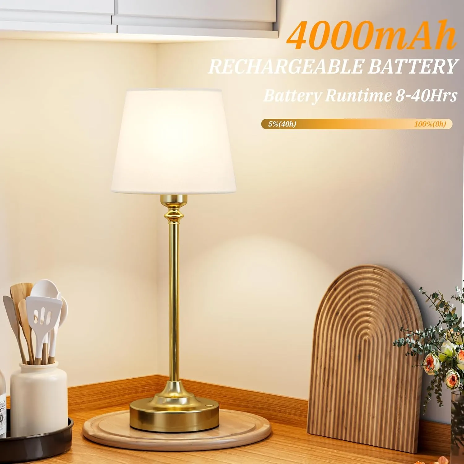 Cordless Table Lamp Rechargeable Gold - 1 Pack Brass 4000mAH Battery Operated Lamp for Decor, 3000K Stepless Dimming Touch Control Wireless Lamp for Bedroom, Dining Table, Counter, Living Room
