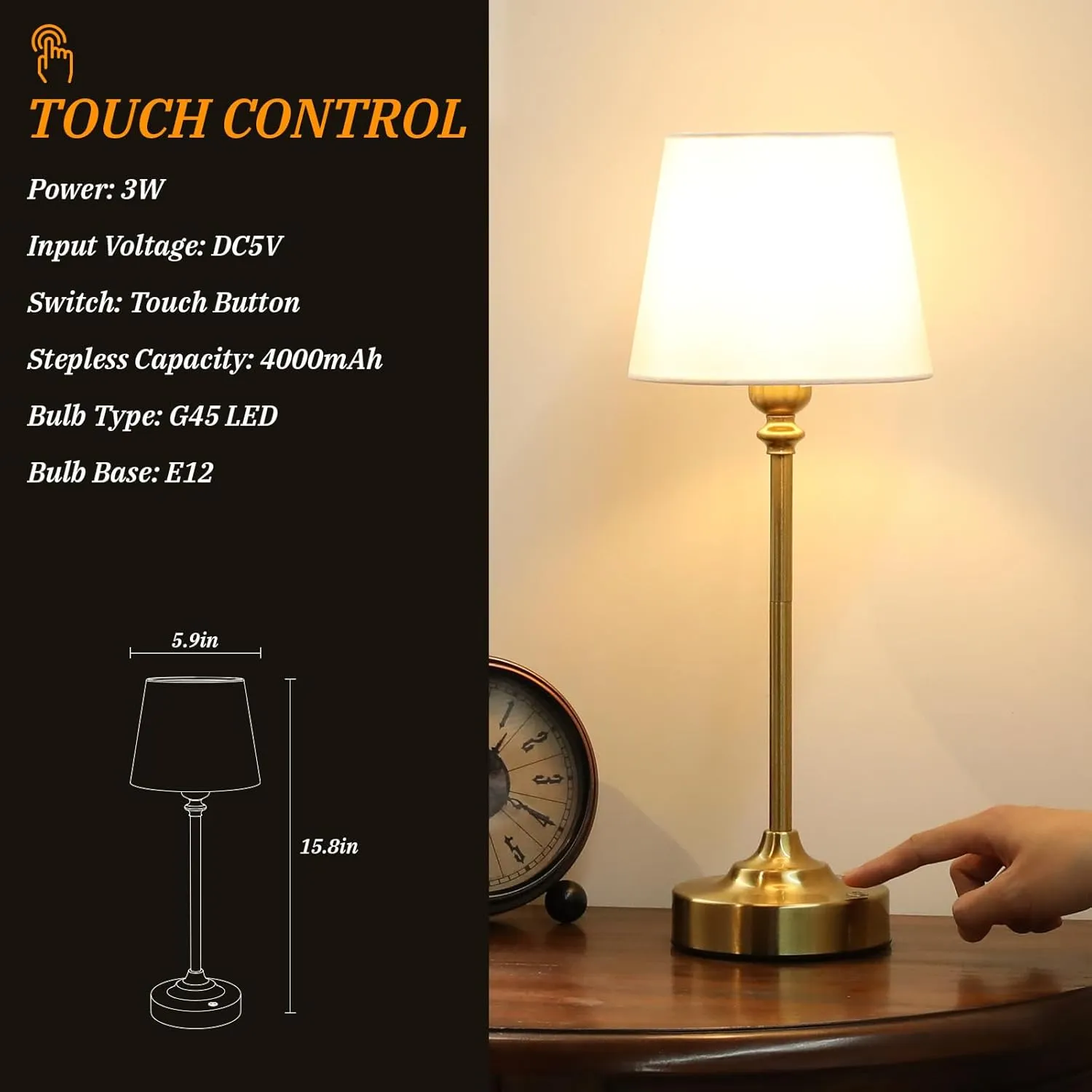 Cordless Table Lamp Rechargeable Gold - 1 Pack Brass 4000mAH Battery Operated Lamp for Decor, 3000K Stepless Dimming Touch Control Wireless Lamp for Bedroom, Dining Table, Counter, Living Room