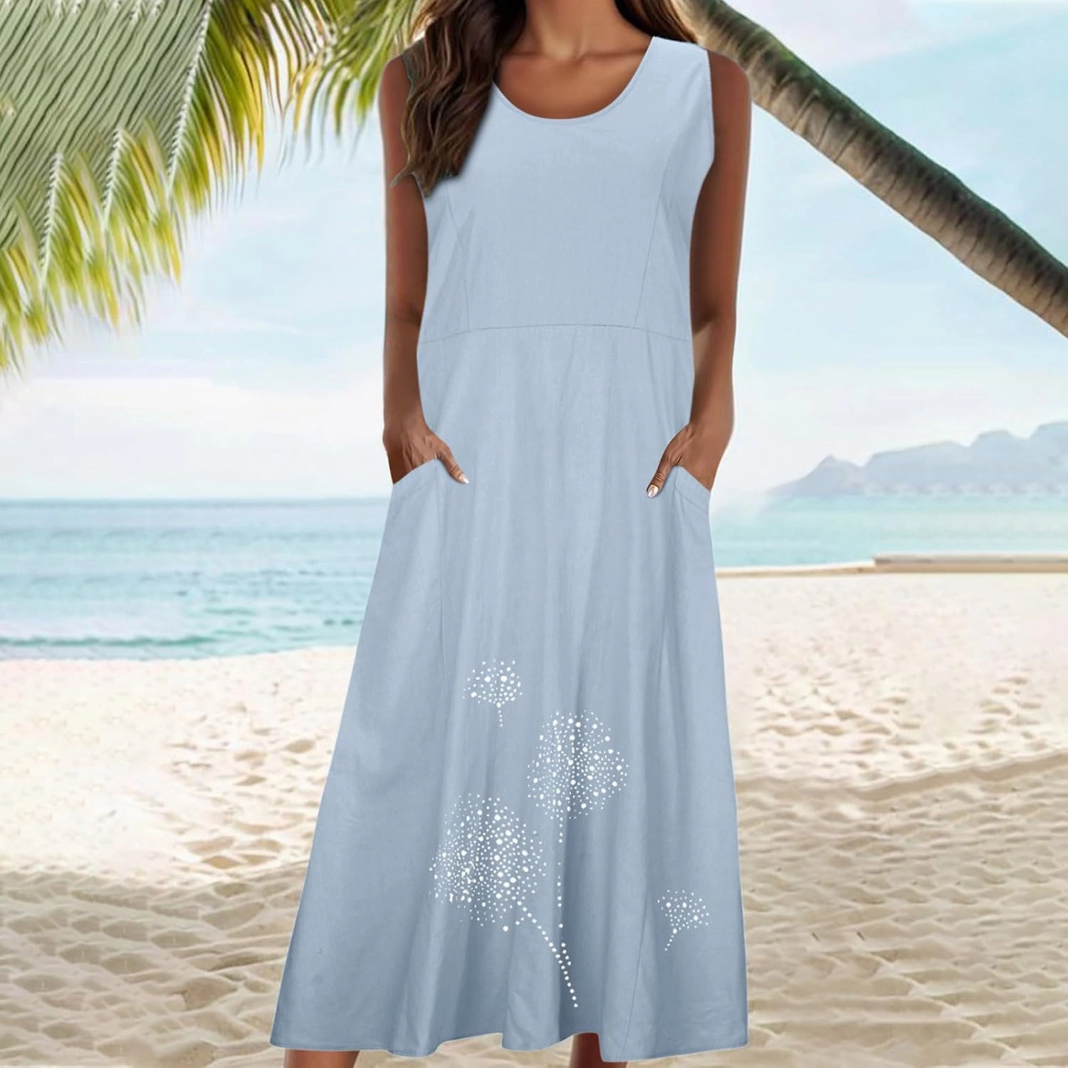 Cotton Linen Dresses for Women 2024 Casual Sleeveless Summer Dresses Casual Crewneck Maxi Dress Trendy Summer Beach Outfits