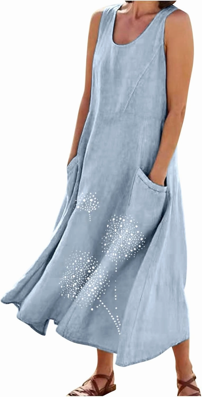 Cotton Linen Dresses for Women 2024 Casual Sleeveless Summer Dresses Casual Crewneck Maxi Dress Trendy Summer Beach Outfits
